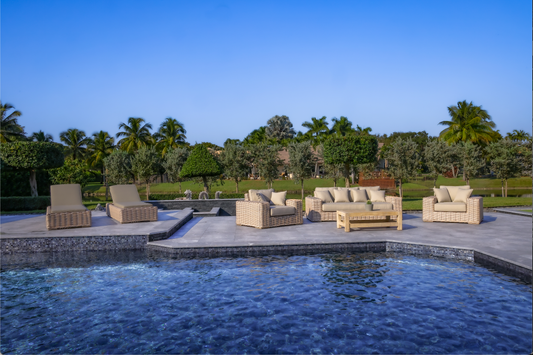 Anna Lux 4-Piece Outdoor Extra Deep Seating Wicker Aluminum Frame Furniture Set with Wood Coffee Table in White and Grey