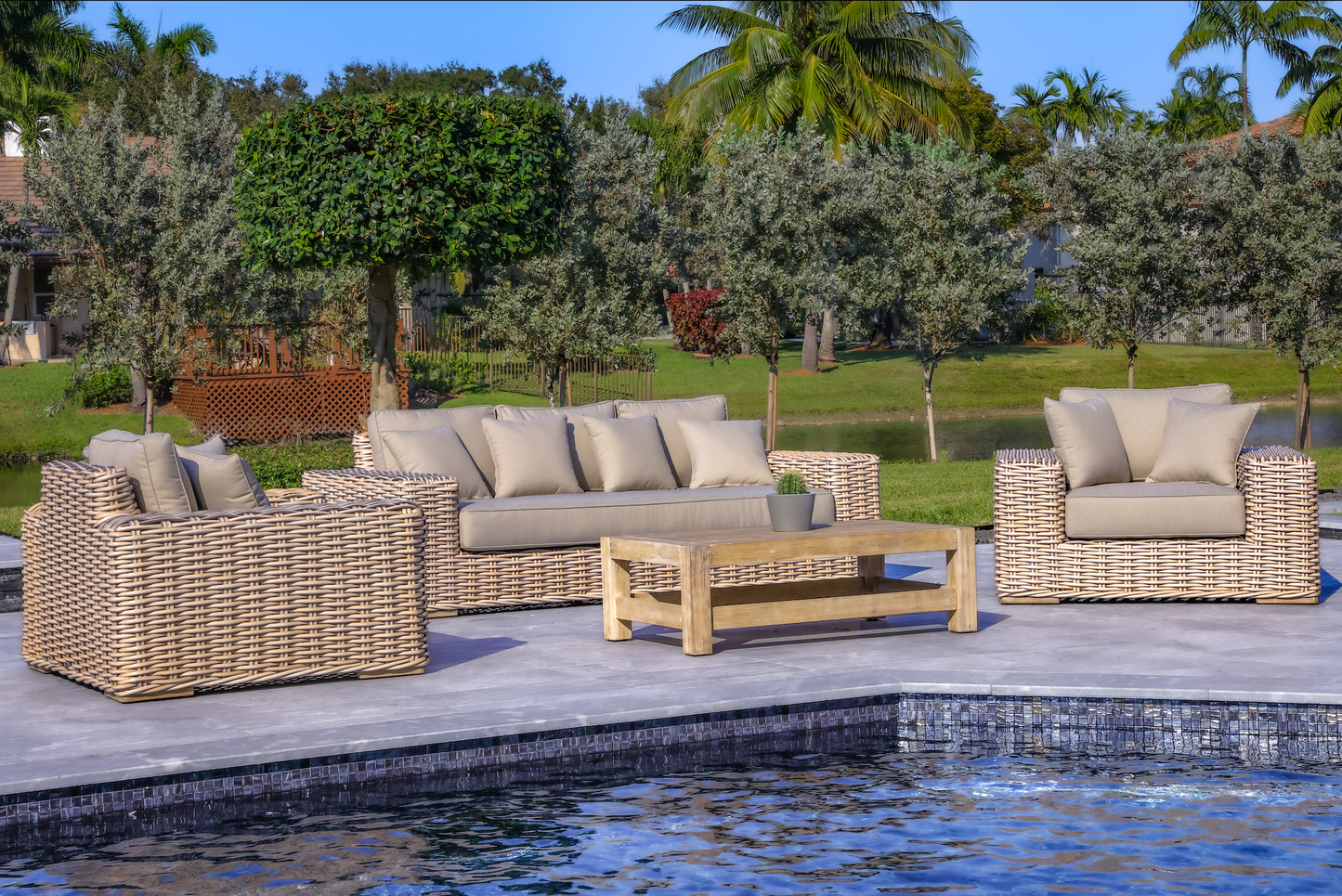 Anna Lux 4-Piece Outdoor Extra Deep Seating Wicker Aluminum Frame Furniture Set with Wood Coffee Table in White and Grey 9