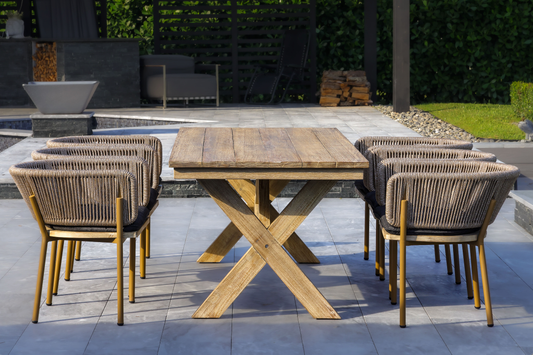 Santino + Melina 7-Piece Outdoor Dining Set - Wood Dining Table and 6 Rope Backing Chairs with Milk and Coffee Legs