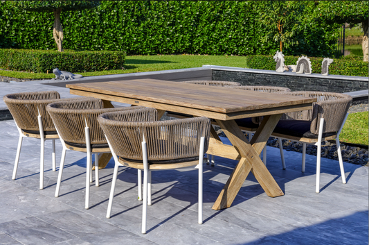 Santino + Melina 7-Piece Outdoor Dining Set - Wood Dining Table and 6 Rope Backing Chairs with White Legs