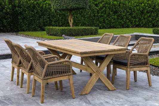 Santino 7-Piece Outdoor Dining Set - Wood Table with 6 Wood, Aluminum, and Rope Chairs