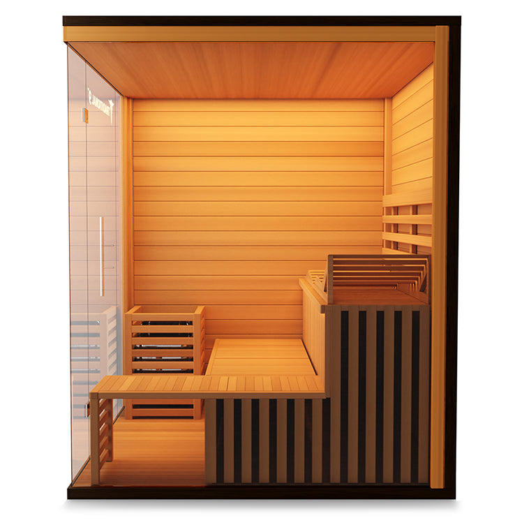 Traditional Indoor Sauna 9 Plus - Glass Front & Left Wall + Reclining Bench & Side Bench 1