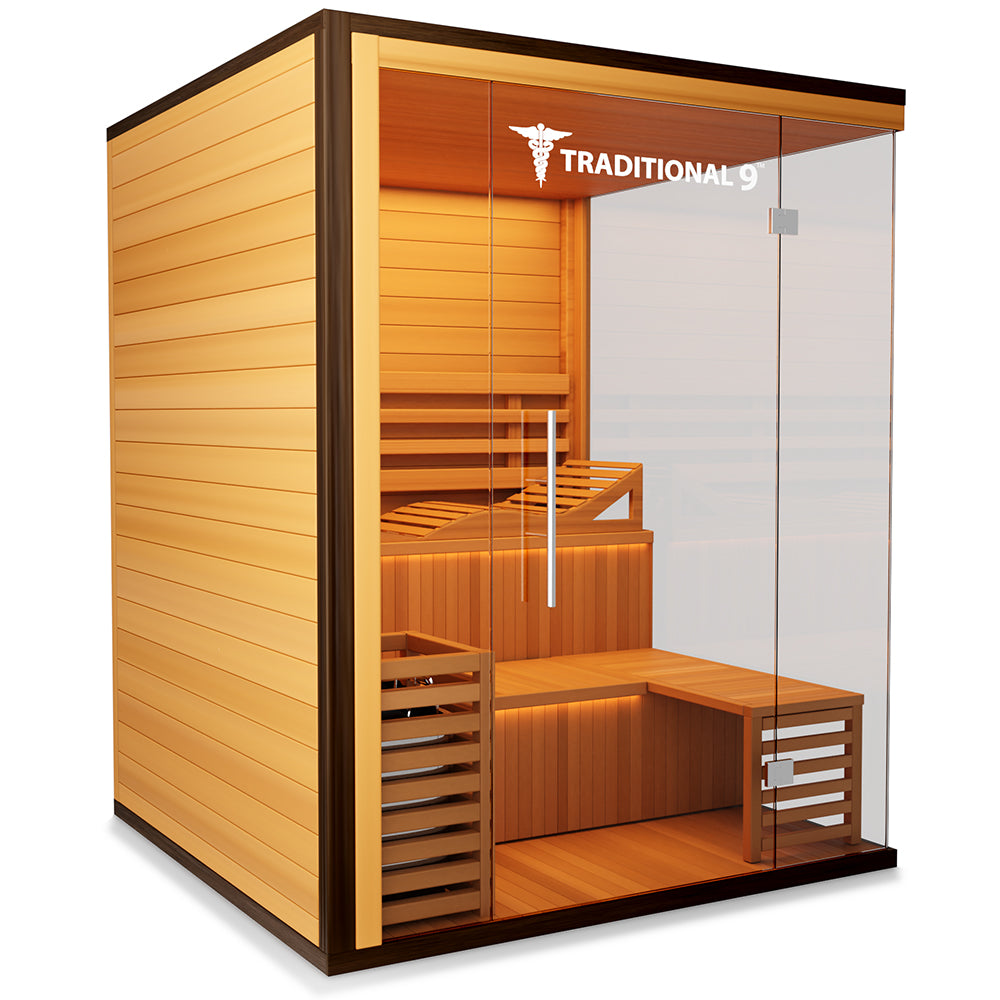 Traditional Indoor Sauna 9 Plus - Glass Front & Left Wall + Reclining Bench & Side Bench 2