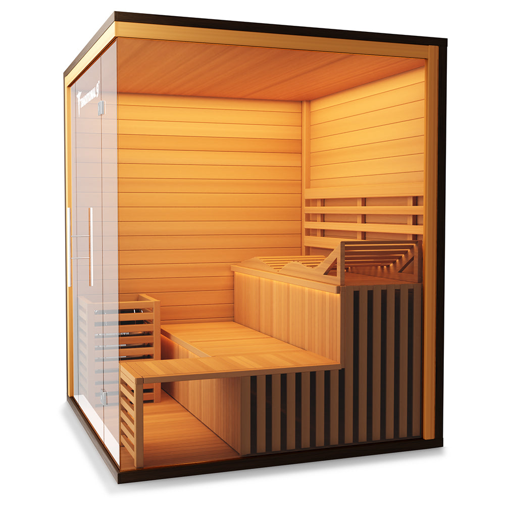 Traditional Indoor Sauna 9 Plus - Glass Front & Left Wall + Reclining Bench & Side Bench 3