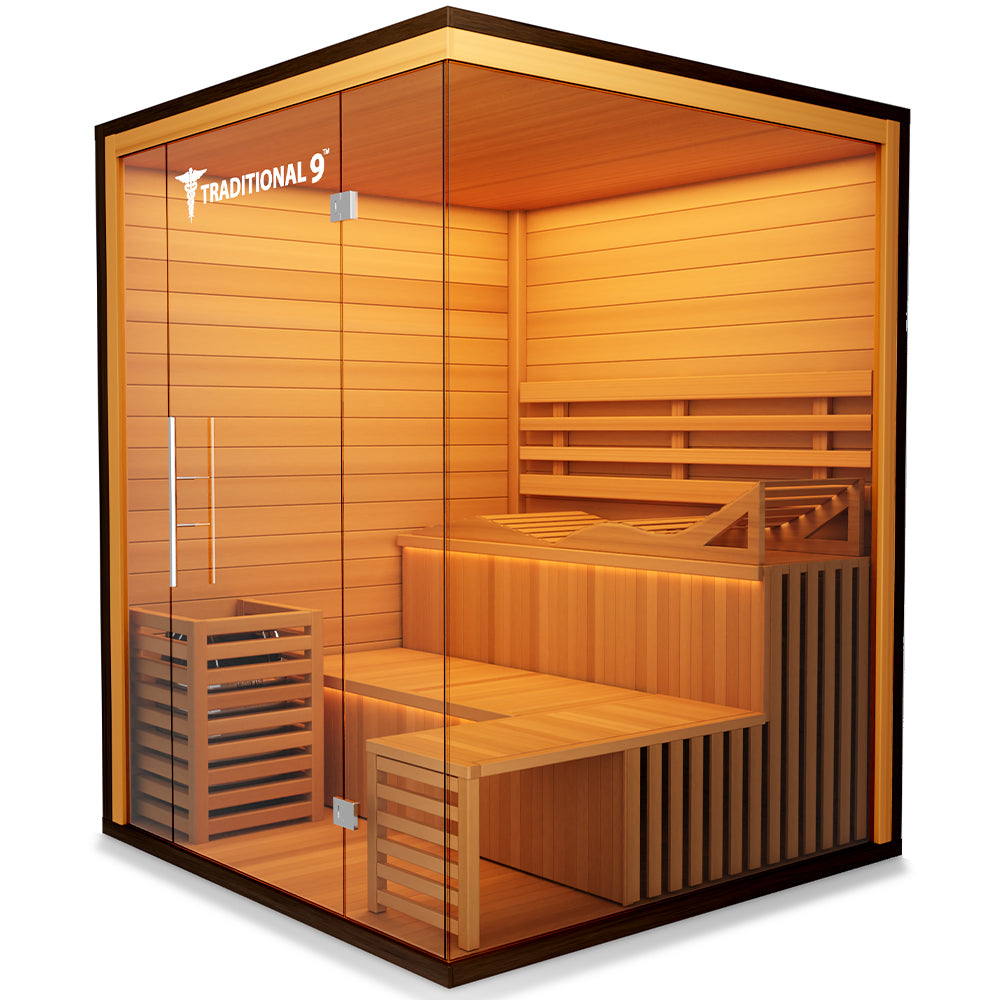 Traditional Indoor Sauna 9 Plus - Glass Front & Left Wall + Reclining Bench & Side Bench 4