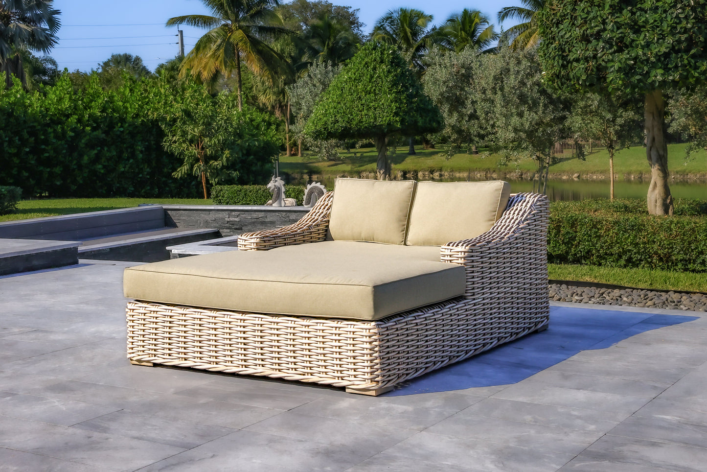 Anna 79 X 59 Inch Outdoor Wicker Aluminum Frame Extra Large Double Sun Lounger in White and Grey 1