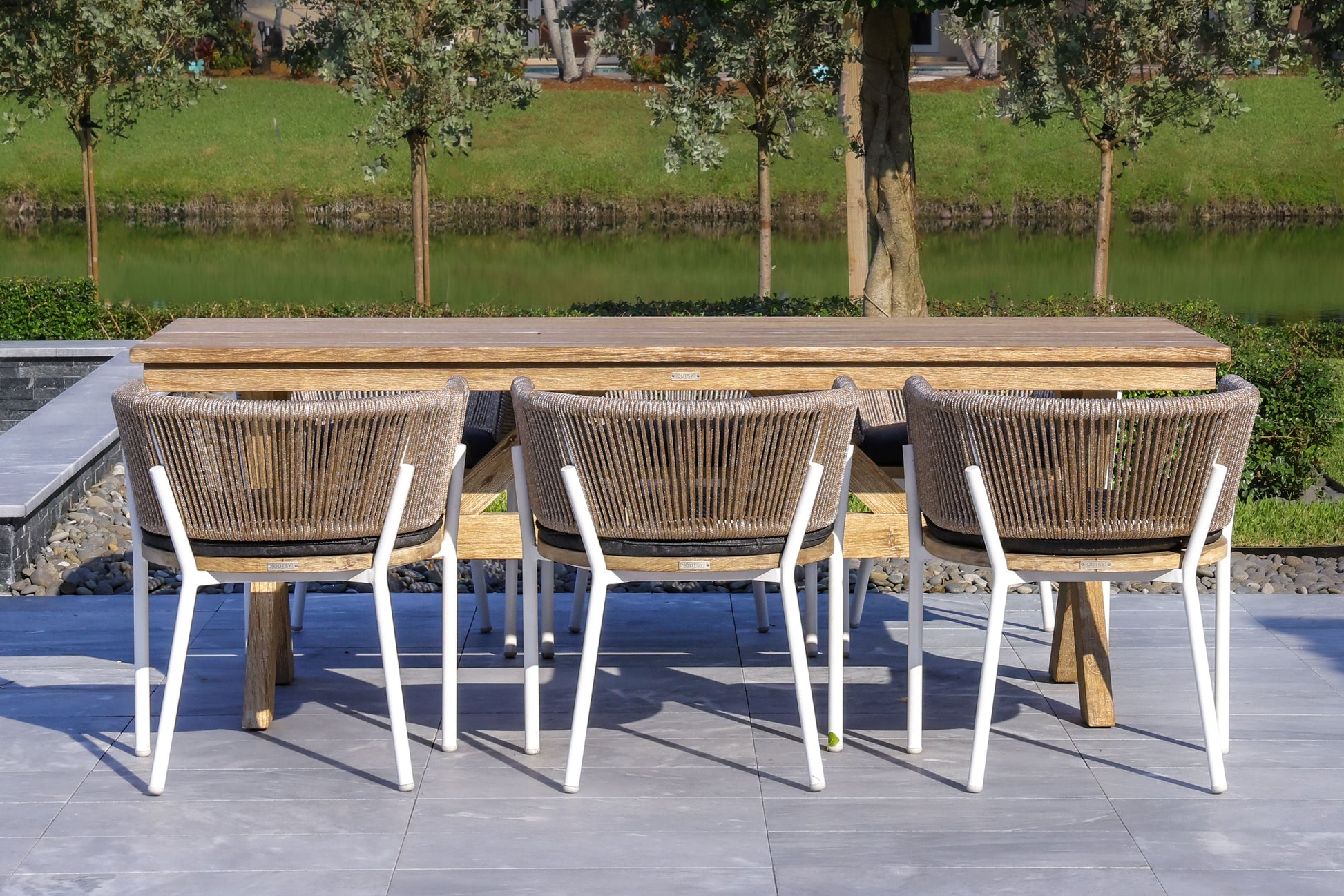 Santino + Melina 7-Piece Outdoor Dining Set - Wood Dining Table and 6 Rope Backing Chairs with White Legs 2